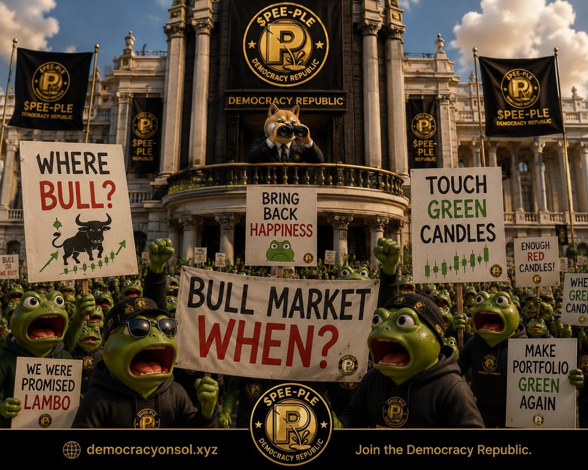 thesoldemocracy's tweet photo. The citizens have demands.

Where bull?
Bring back happiness.
Touch green candles.
Make portfolio green again.

The Dog reviewed the protest from the balcony.

He said nothing.

The Minister of Nothing supports this message.

https://t.co/CEnXpH1Yud
🐸 #PeePleRepublic #Solana #BullRun $PEE-PLE #memetoken #ticker