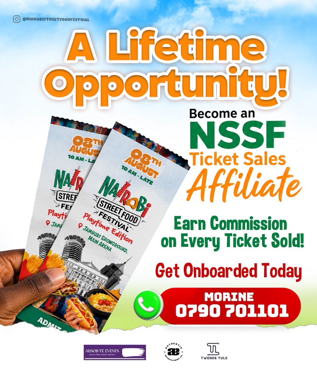 CInyende's tweet photo. @ZuriPress #playtimeEdition #Ushawishi #NairobiStreetFoodFestival  EARN Become an NSFF Ticket Sales Affiliate &amp; get commission on every ticket sold! Call/WhatsApp Morine: 0790 701101. Limited slots!
@charge24africa
@Njerae
@UshawishiHQ
@NSFF_Ke
@NordaIndustries
@kepro_ke https://t.co/VHxJuxqfrw