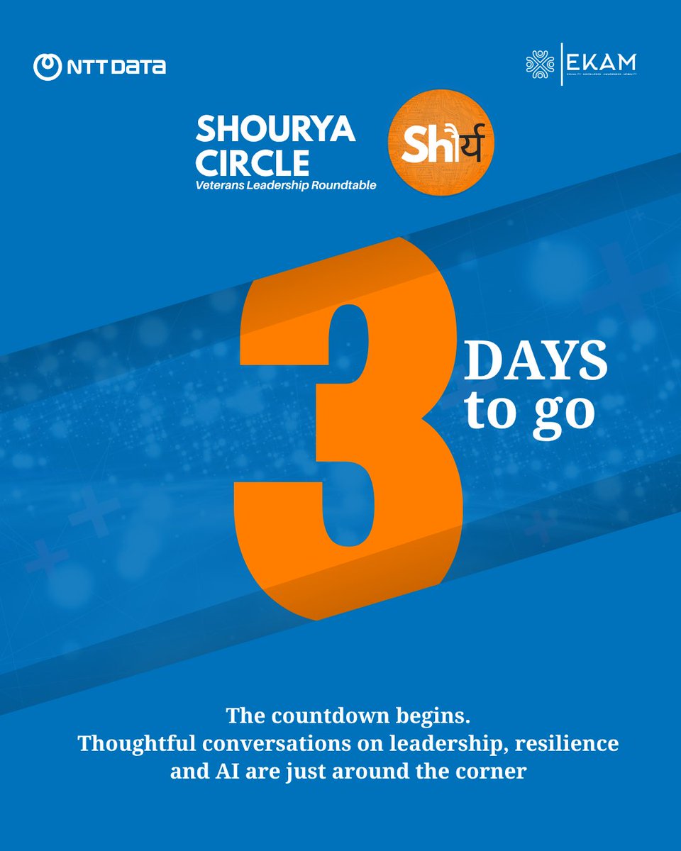 Ekam_inc's tweet photo. ⏳ 3 Days to Go!
The countdown has begun for Shourya Circle – Veterans Leadership Roundtable, powered by EKAM in partnership with NTT DATA

Get ready for candid, thought-provoking conversations on leadership and the future of AI, led by voices who've led from the front
Stay tuned https://t.co/3LuEwukobn