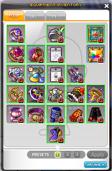 KohPaxson's tweet photo. This is my gear of my main. Did you notice something weird ?
Basically is i am still using part of Crynus Queen amour parts.
This is mainly to prevent me from overspending . Imagine this
your current Arcane gear is 17 star or 21 star. you decided to upgrade to 22 star and its bomb.
I believe most of us have hit this stage before and trying to rage tap it back to the level we have. which in result losing a lot in the process.
keep it simple upgrade one piece at a time set a goal. 21 star 17 star or 18 star and stop. if you plan to upgrade best is get a spare to prevent you from costing more.
P.S my cape is still 15 star waiting for my next week rewards to tap .
@MaplestoryU #MaplestoryU #Starforcing #upgrades