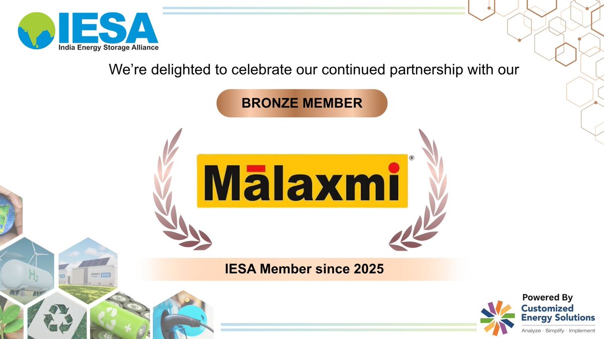 IndiaESA's tweet photo. Celebrating our valued partnership with @malaxmigroup an IESA 𝗕𝗿𝗼𝗻𝘇𝗲 𝗠𝗲𝗺𝗯𝗲𝗿.

Supporting India's clean energy transition through innovative infrastructure and EPC solutions.

#IESA #BronzeMember #MalaxmiInfra #PowerInfrastructure #RenewableEnergy #EnergyStorage https://t.co/PUhtmDdMVe