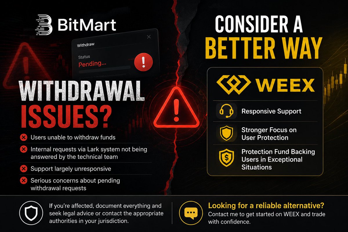 Start16Start's tweet photo. Several people have reached out to me saying they are unable to withdraw their funds from @BitMart_zh.

To better understand the situation, I contacted members of the BitMart team directly. According to the information they shared with me, they have been submitting internal requests through the company’s Lark system to escalate users’ withdrawal issues. However, the technical operations team responsible for handling these requests has not been responding, leaving many cases unresolved.

From everything I’ve seen and heard, there appears to be serious internal dysfunction, and I am deeply concerned about users who still have funds on the platform.

If you are affected, I strongly encourage you to keep records of all communications and transactions, and to seek independent legal advice or contact the appropriate authorities in your jurisdiction if you believe your rights have been affected.

I sincerely hope everyone is able to recover their funds.

If you’re looking for a reliable alternative, feel free to contact me. I can help you get started with @WEEX_Official , where I’ll provide competitive trading conditions and explain the platform’s user protection mechanisms, including its protection fund for exceptional situations. @OdailyChina @wenwenweb3