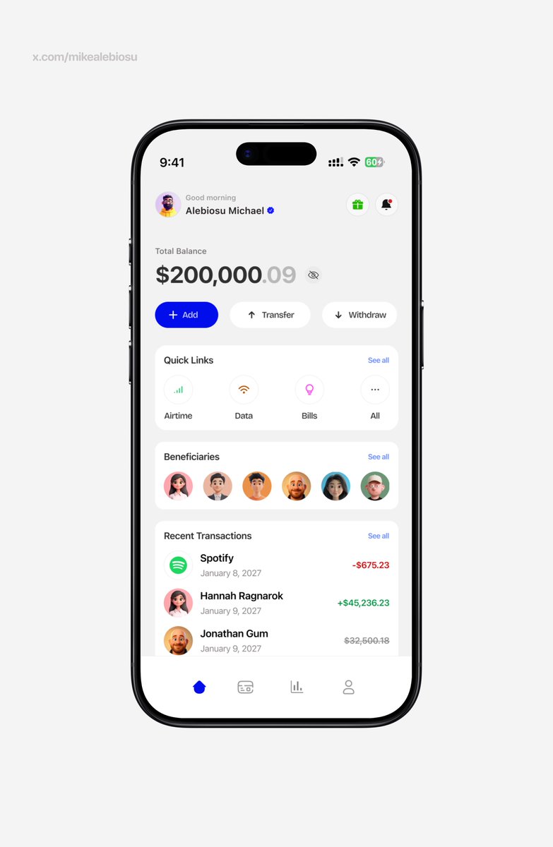 mikealebiosu's tweet photo. here are some fintech home screens from my previous work.

building a startup or planning your next product? i’m available to help design intuitive, high-quality experiences that bring your ideas to life.

good morning and happy tuesday. https://t.co/c5oFaJNmYE