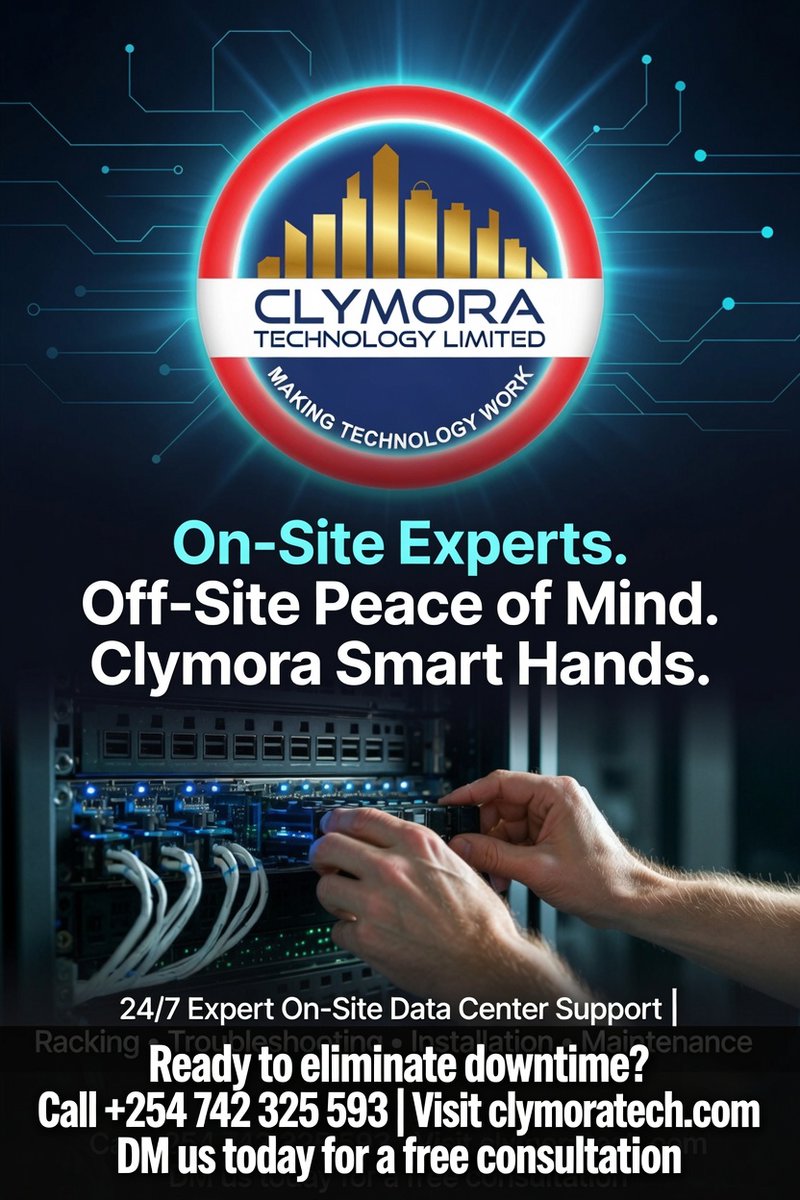 ClymoraTech's tweet photo. 🚀 On-Site Experts. Off-Site Peace of Mind.

Your data center doesn’t wait — and neither do we. Clymora Technology Limited’s Smart Hands service puts skilled technicians inside your facility the moment you need them. 

From remote guidance to physical execution: racking, cabling, hardware swaps, troubleshooting, and more — all under your direction. 

We have expertise with major vendors like Cisco, Juniper, Mikrotik, Fortinet, Checkpoint, Sophos, Palo Alto, Fujitsu, Dell, HP, Lenovo etc.

✅ Faster response
✅ Reduced travel costs
✅Maximum uptime
✅ Expert-level precision

Whether you’re managing colo sites across Nairobi, Kenya in different Data Centers ADC, Icolo, PAIX, IX Africa, etc. or scaling infrastructure, our hands become your hands.

Are Ready to experience true peace of mind?

Comment “SMART HANDS” or DM us today.

☎️:  0742 325 593
📧 : info@clymoratech.co.ke

#DataCenter #SmartHands #ITInfrastructure #Colocation #NetworkEngineering #ClymoraTechnology #ManagedServices #Uptime