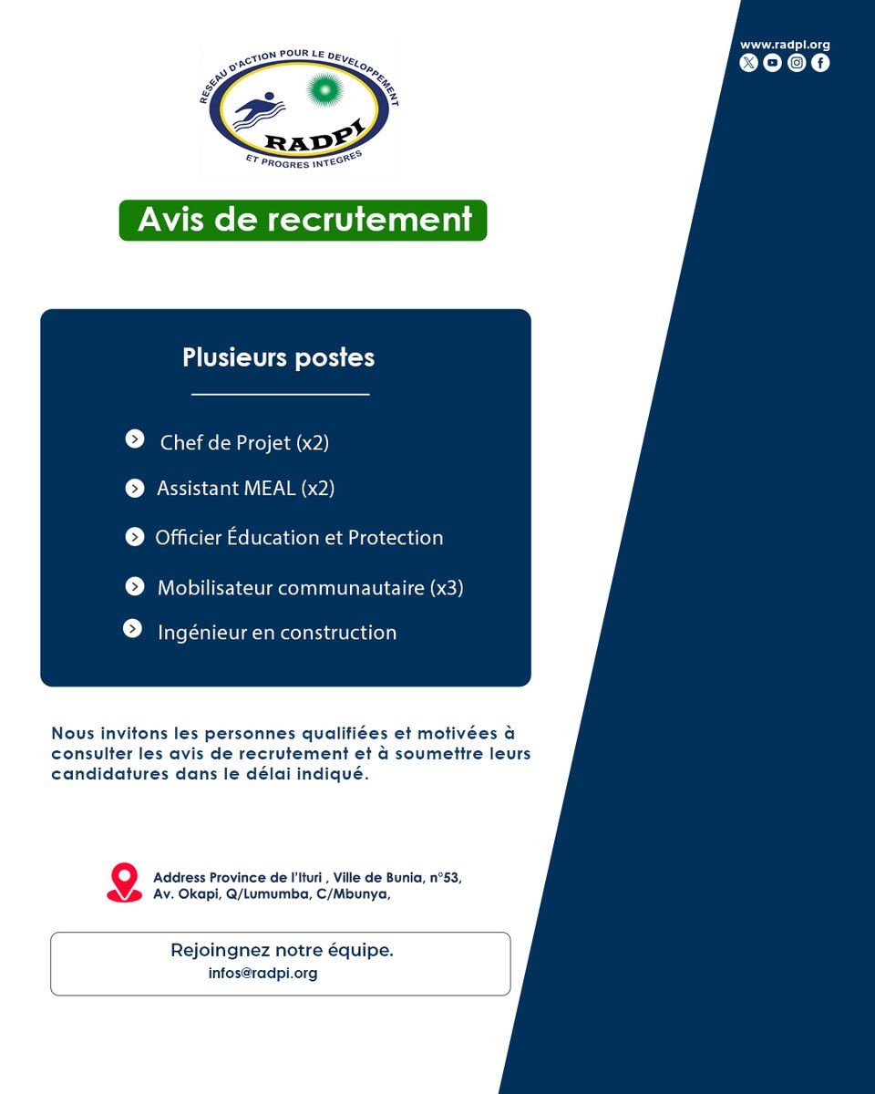 RadpiRdc's tweet photo. AVIS DE RECRUTEMENT

RADPI RDC recrute pour plusieurs postes basés à Bunia :
1️⃣ Chef de Projet x2
2️⃣ Assistants MEAL x2 
3️⃣ Officier Éducation &amp; Protection 
4️⃣ Mobilisateurs x3 
5️⃣ Ingénieur Construction 
👇 Trouver les offres ici : https://t.co/ChxnGyJ70w
#Emploi #Bunia #Ituri https://t.co/Y25UydjkVk
