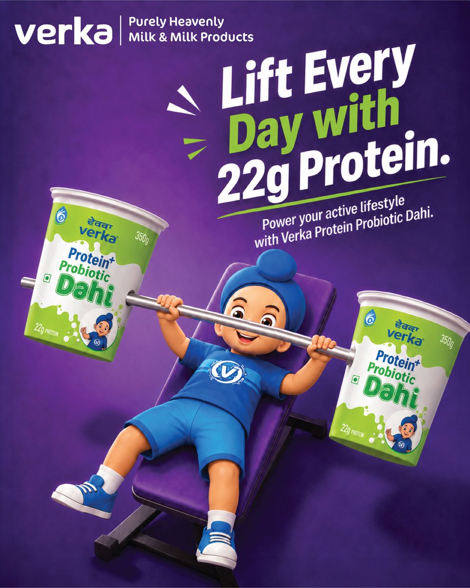 Verka_Coop's tweet photo. Lift heavier. Recover smarter.
Fuel your active lifestyle with 22g of protein in every pack of Verka Protein Probiotic Dahi.
#verka #proteindahi #probioticdahi #PurelyHeavenly #EverydayGoodness https://t.co/oZ9a87PMYg