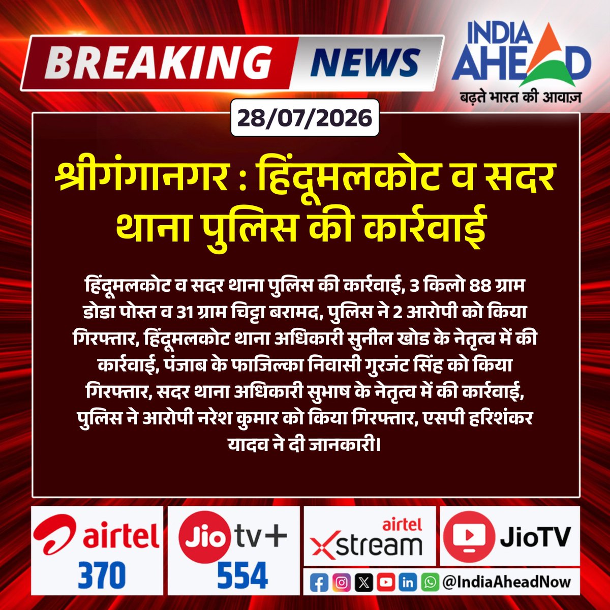 IndiaAheadNow's tweet photo. #SriGanganagar  : हिंदूमलकोट व सदर थाना पुलिस की कार्रवाई 

#SriGanganagar #Rajasthan #Hindumalkot #SadarPolice #DrugBust #DodaPost #Chitta #PoliceAction @sgnrpolice https://t.co/eftC67c3Rv