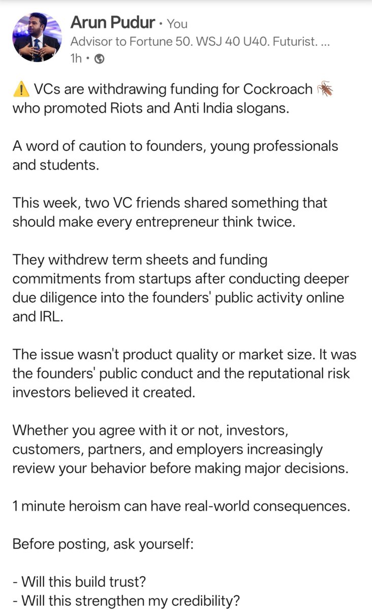 arunpudur's tweet photo. ‼️VCs and investors are pulling funds for Cockroaches 🪳 who supported Riots online and IRL

Govt Contracts has also been withdrawn. Many 🪳 who wanted India to become Nepal have ruined their careers in minutes

This is apart from IG Influencers &amp; Thugs begging for forgiveness https://t.co/FyQEmZDs1X