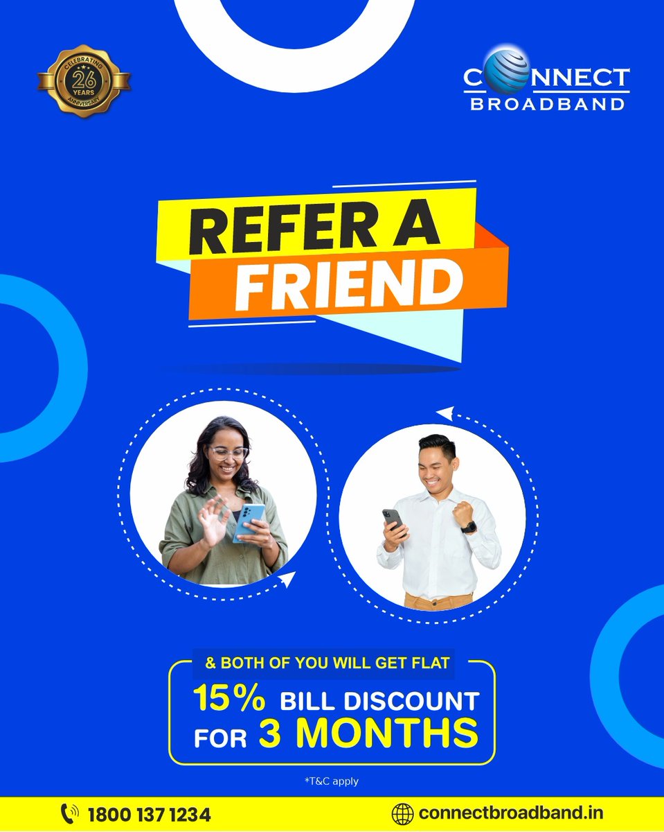 ConnectBb's tweet photo. Great internet is even better when shared! 🤝
Refer your friends to Connect Broadband, and both of you will enjoy a flat 15% bill discount for 3 months.

Start referring today and save together!

📞 1800 137 1234
🌐https://t.co/rj9b8PUbEI
#ConnectBroadband #ReferAFriend https://t.co/VPncSxPWtt