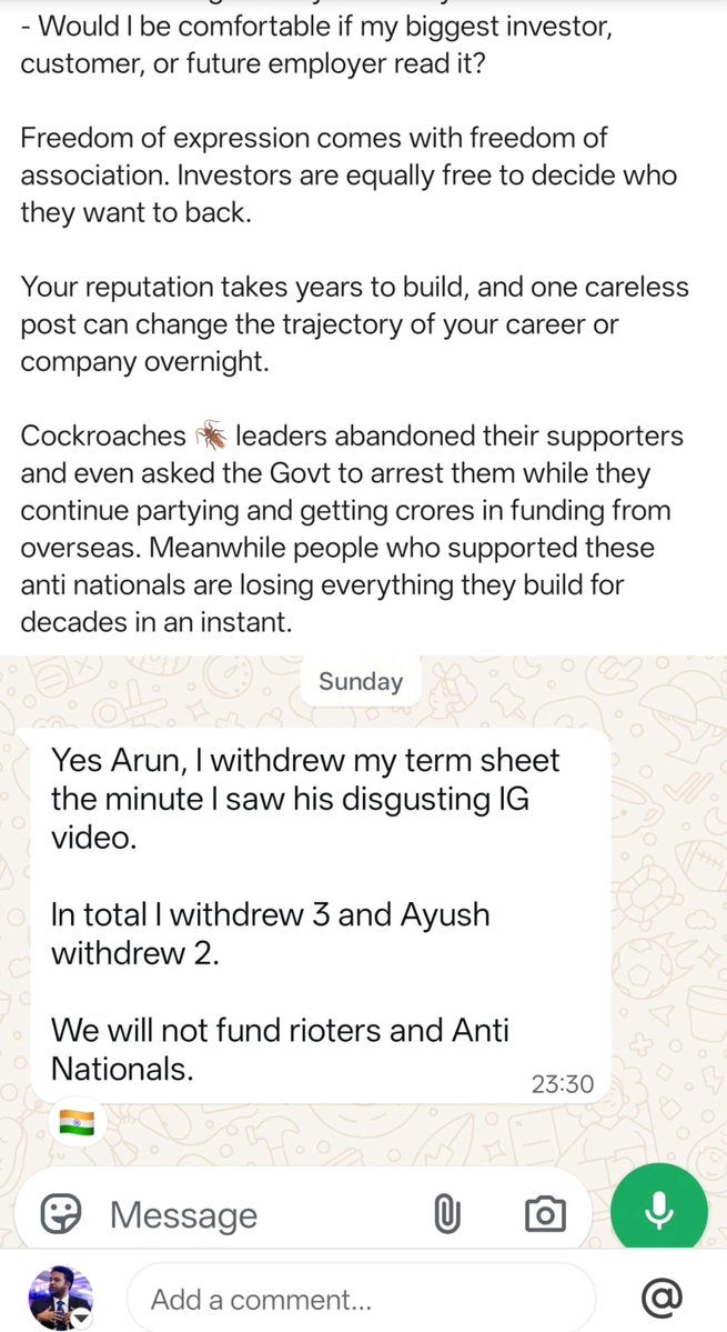 arunpudur's tweet photo. ‼️VCs and investors are pulling funds for Cockroaches 🪳 who supported Riots online and IRL

Govt Contracts has also been withdrawn. Many 🪳 who wanted India to become Nepal have ruined their careers in minutes

This is apart from IG Influencers &amp; Thugs begging for forgiveness https://t.co/FyQEmZDs1X