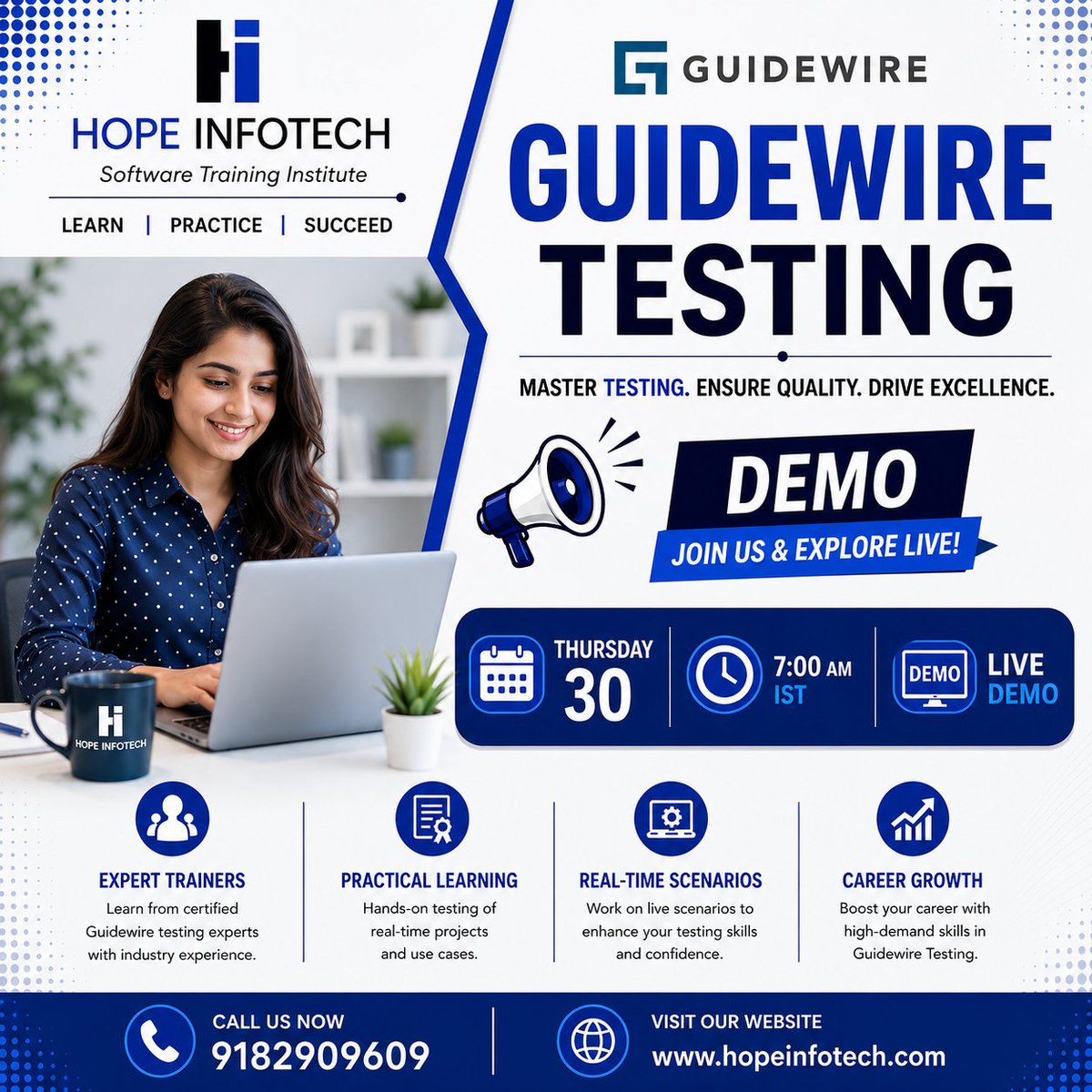hopeinfotech's tweet photo. Join Our FREE Guidewire Testing Live Demo!
Join our LIVE Guidewire Testing Demo and discover 
📞 Contact: +91 9182909609
🌐 Website: https://t.co/jf5sbGENHF
#Guidewire #GuidewireTesting #SoftwareTesting #QATesting #AutomationTesting https://t.co/1m05WyT21u
