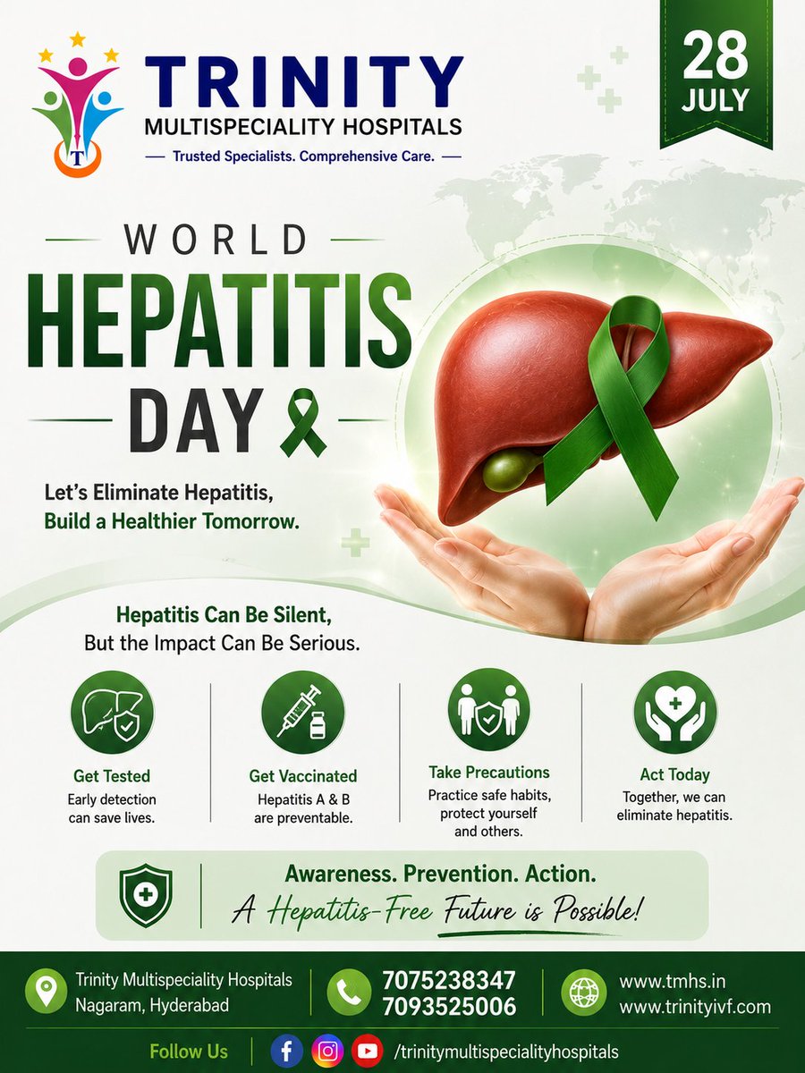 multi_trinity's tweet photo. 🌍 World Hepatitis Day | July 28 💚
This World Hepatitis Day, Trinity Multispeciality Hospitals stands together to raise awareness about hepatitis and encourage everyone to take a step toward a healthier future.

#HepatitisScreening #GetTested #VaccinationAwareness #Healthcare https://t.co/GZQJkH8GaQ