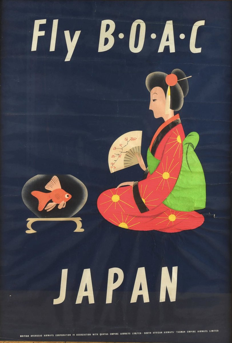 japanauthor's tweet photo. A striking but simple travel poster from BOAC, (British Overseas Airways Corporation). It is said to date from 1952. The first commercial flights to Tokyo from the UK started in 1948. https://t.co/ROfQY0zFX1
