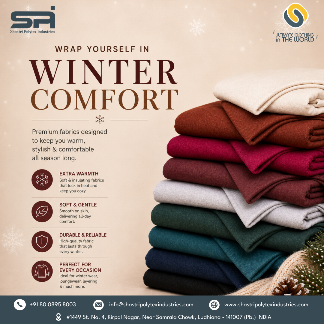 ShastriPolytex's tweet photo. When temperatures drop, quality matters even more.

Our Winter Fabric Collection is manufactured with precision to deliver warmth, softness, and lasting performance.

Engineered for Winter. Trusted by Manufacturers.

#ShastriPolytexIndustries #WinterFabric #Breathable #SoftGentle https://t.co/7XSi9lF0ow