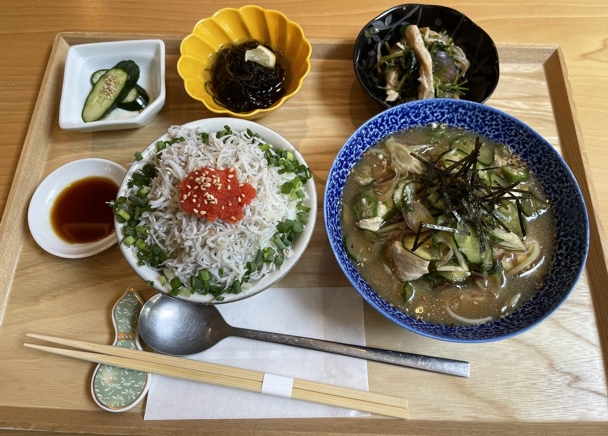 inupopop's tweet photo. 熱田区大宝　ミクニヤ　
冷や汁にはそうめんが入ってる
ほんとに毎週よく考える
小鉢もよかった、おいしかった！ https://t.co/McCHoyXOFV