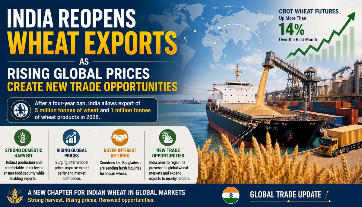 kdc_agro's tweet photo. 🌾 WHEAT MARKET UPDATE

🇮🇳 India reopens wheat exports after nearly 4 years.

📈 Global wheat prices are rising.
🚢 New export opportunities are emerging.
Stay updated with the latest global trade &amp; commodity news.

#Wheat #GlobalTrade #MarketUpdate https://t.co/ttZQ8GpxeC