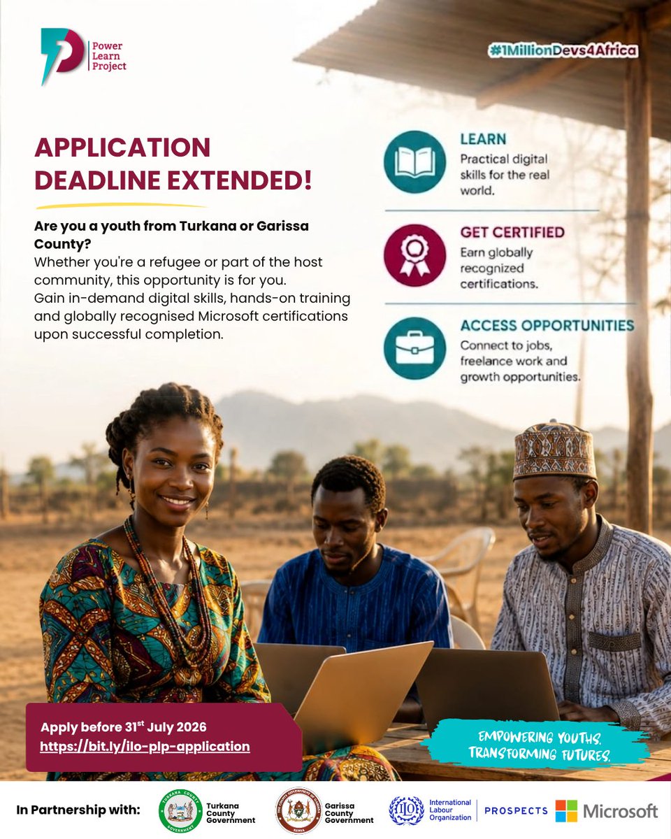 PLPAfrica's tweet photo. 🚨DUE TO PUBLIC DEMAND, we've extended the application deadline!
If you're a youth from Turkana or Garissa County, whether as a refugee or part of the host community,
Apply through the link - https://t.co/hXBPL9dFvq
#PLP #DigitalSkills #FutureMe #1MillionDevs4Africa https://t.co/7T3EoU1Zgm