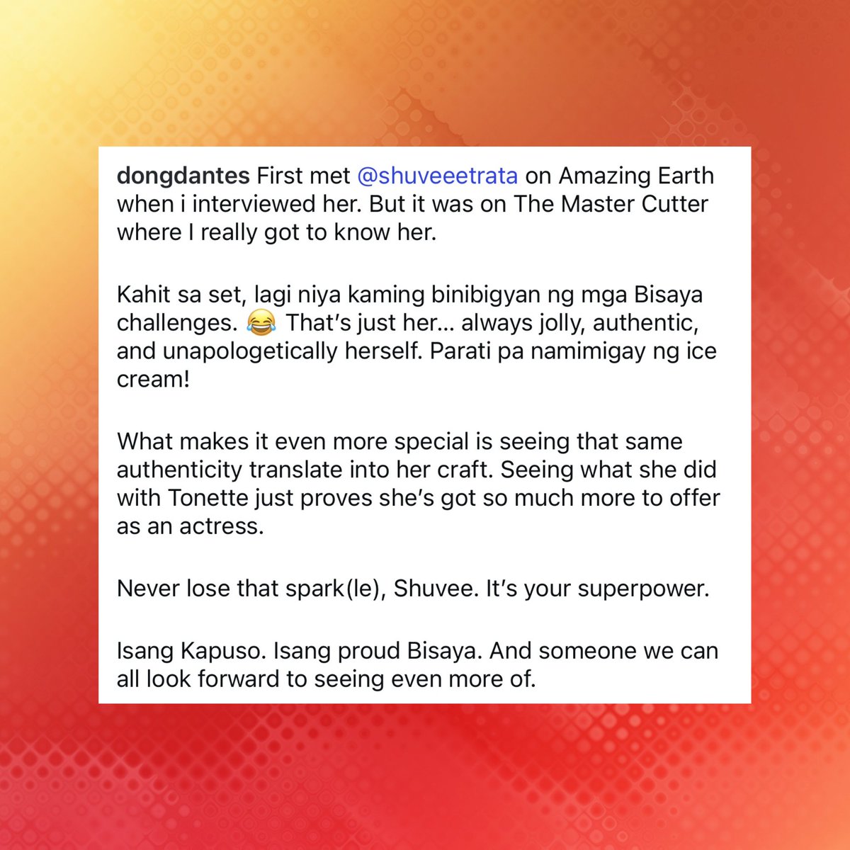 KapusoCrave's tweet photo. 'The Master Cutter' star Dingdong Dantes praises his co-star Shuvee Etrata in new Instagram post:

"Seeing what she did with Tonette just proves she’s got so much more to offer as an actress. Never lose that spark(le), Shuvee. It’s your superpower." https://t.co/OJhKw1NI8u
