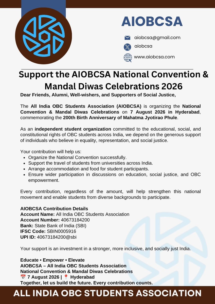 aiobcsa's tweet photo. As an independent student organization, we rely heavily on crowd donations to sustain our activities. We request everyone to contribute towards organizing our National Convention. Your support, no matter how small, will help make this event a success.

#DonateAIOBCSA https://t.co/Pebt1YTzEk