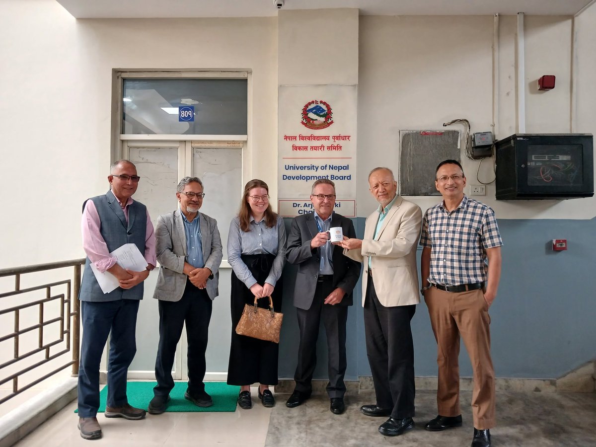 UNepalNews's tweet photo. Honored to welcome H.E. Petri Puhakka, Ambassador of Finland to Nepal, and Ms. Roosa Pitkäsalo, Development Cooperation Coordinator at the Embassy of Finland in Kathmandu, to the main office of the University of Nepal (UNepal) in Gyaneshwor, Kathmandu, on Friday, July 24, 2026. https://t.co/vbYpe54GMX