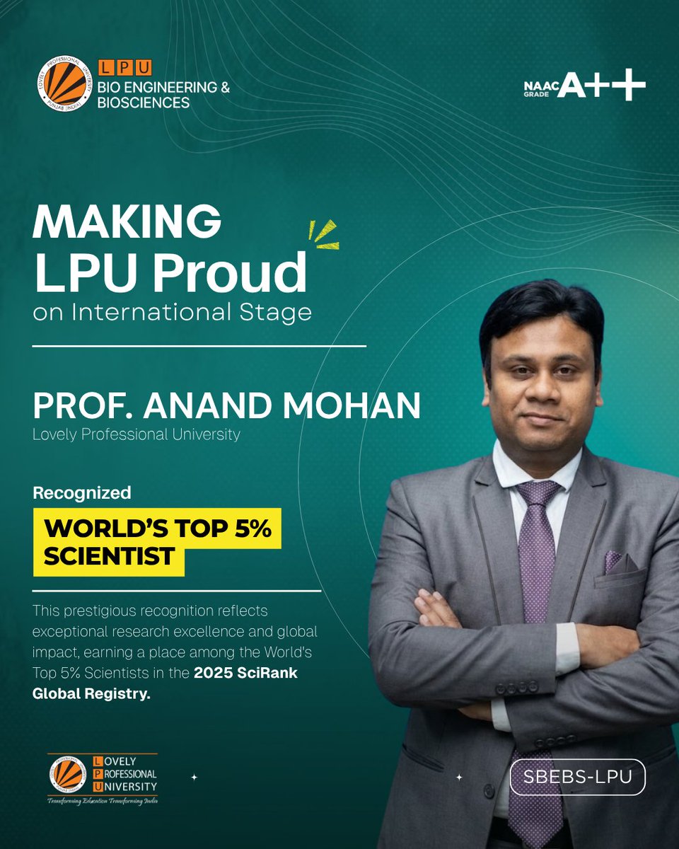 LPUBioEngg's tweet photo. 🌟 Global recognition. Unmatched excellence.

Congratulations to Dr. Anand Mohan on being recognized among the World's Top 5% Scientists in the 2025 SciRank Global Registry.

A proud moment for the LPU family and an inspiration for every aspiring researcher!

#MakingLPUProud #LPU #SBEBS #SciRank2025 #ResearchLeadership #GlobalImpact @lpuuniversity