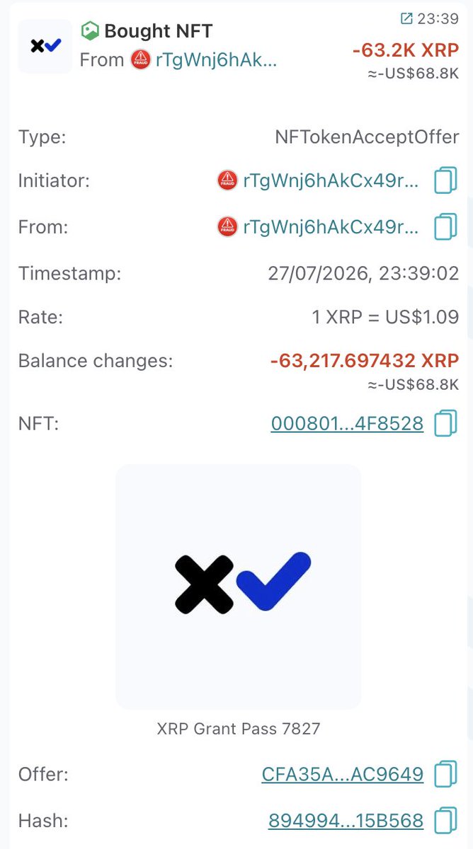 bithomp's tweet photo. Beware of scammers ‼️
$68K is quite a lot to pay for a fake NFT. 😞 https://t.co/ac3QFvprbF