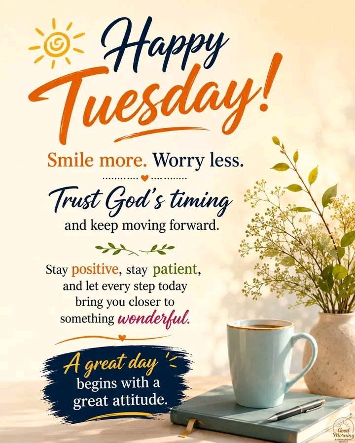BaleMrMoreFire's tweet photo. ☀️😊 Happy Tuesday! 
Today, I’m choosing a grateful heart, a positive mindset, and trust in God’s perfect timing. One step at a time, something beautiful is on the way. 🌿✨💙 https://t.co/AHcbAsnUlq
