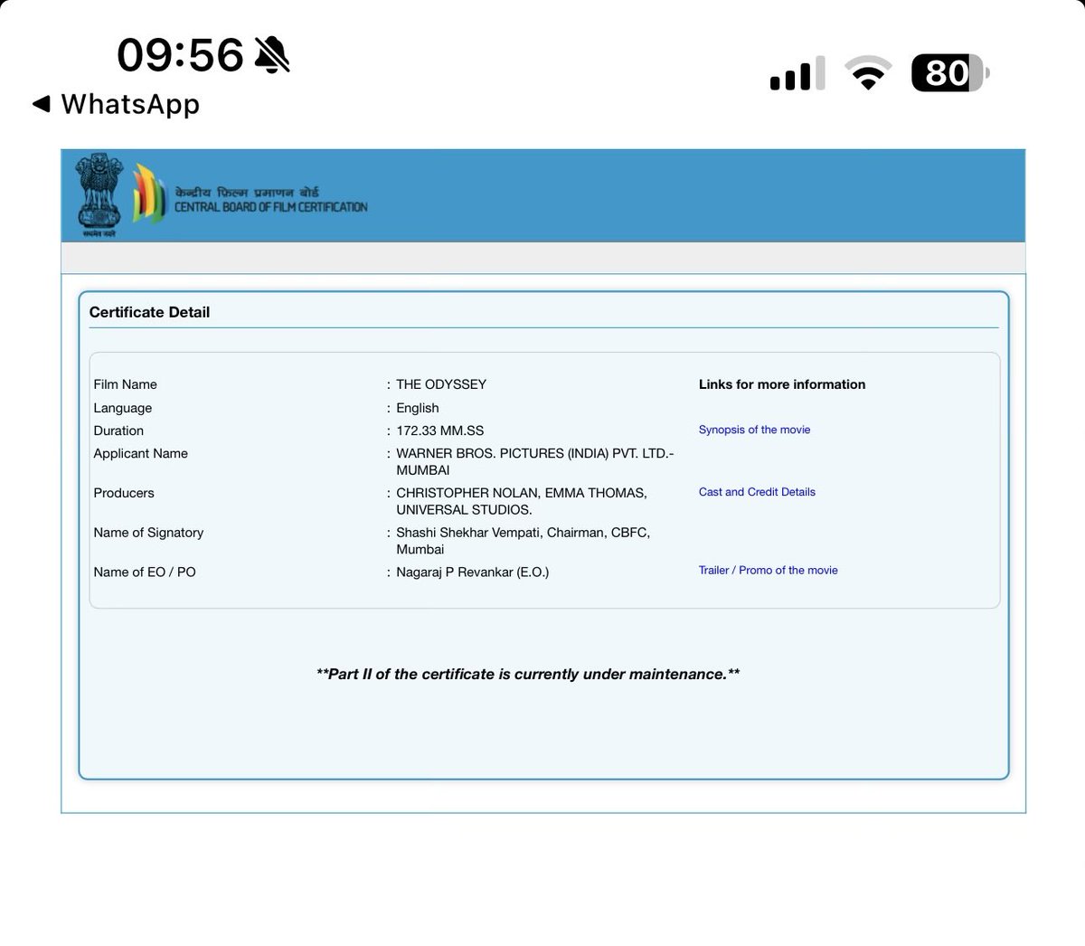 _mrchaturvedi's tweet photo. #CBFCWatchWithParth
There are confirmed reports that some visuals have been altered and modifications are being instructed by @CBFC_Bharat for #Spiderman. However, when you scan the QR code the part two is marked as under maintenance. This was also the case for another film I shared previously.
I kindly request @shashidigital sir to investigate this matter. Hiding information under the guise of maintenance sends a different message to the audience. They must be informed about any modifications as per the act and regulations. If something is under maintenance we can’t really know about the modifications.
It’s been weeks since release of #TheOdyssey and part 2 is still under maintenance.