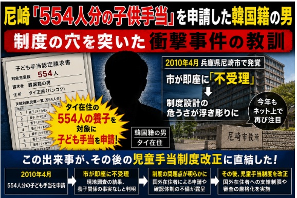qsfkbwIhuWLhnjI's tweet photo. 尼崎「554人分の子供手当」を申請した韓国籍の男　制度の穴を突いた衝撃事件（2010年4月22日）

韓国籍男がタイ在住の554人の養子を対象に子ども手当を求め、市が即座に不受理とした。

554人分が認められれば年間約8600万円、実子を含め555人分なら約8658万円が支給される計算だった。

■
兵庫県尼崎市役所の窓口に、50代とみられる韓国籍の男性が訪れた。

彼は「妻の母国であるタイの修道院や孤児院の子ども554人と養子縁組をしている」と説明し、タイ政府発行の証明書と送金記録を提示して子ども手当の支給を申請しようとした。

証明書は十数ページに及び、子ども一人ひとりの名前・生年月日・出生地が詳細に記されていたという。

担当者が「養子はどの子ですか」と尋ねると、男性は「全員です」と答えた。

■
当時の子ども手当の制度設計

2010年4月からスタートしたばかりの子ども手当は、月額1万3000円。保護者が日本に居住していれば、海外にいる養子も対象になり得る仕組みだった。

人数制限もなく、「年2回以上の面会」「4カ月に1度の継続送金」などの条件を満たせば支給可能とされていた。

男性には実子も1人おり、554人分が認められれば年間約8600万円、実子を含め555人分なら約8658万円が支給される計算だった。

■
市と厚生労働省の迅速な判断

尼崎市は直ちに厚生労働省に照会した。厚労省は「人数が極端に多く、実際に養育しているとは認められない」「制度の趣旨に合致しない」と判断。

社会通念上も生計を同じくしているとは言えないとして、支給対象外と結論づけた。結果、申請は受理されず、1円も支給されることはなかった

数百人規模の一斉申請が確認されたのは全国で初めてだった。

■
全国的な報道と国会での議論
この一件は瞬く間に全国紙で報じられ、大きな衝撃を与えた。インターネット上では「他の自治体でも同様の申請があった」というデマも広がったが、厚労省が問題として確認したのは尼崎市の1件のみだった。

国会でも取り上げられ、枝野幸男行政刷新相（当時）は「国民感情として理解しがたい」「制度設計を間違った」と明言。在日外国人への支給や養育実態の確認方法が厳しく問われた。

■
制度改正への直結

事件をきっかけに、子ども手当から児童手当への移行時（2012年）に大きな改正が実現した。「対象児童は原則として日本国内に居住していること」を明確な要件として明記。

海外在住児童への支給は、留学などの例外を除き認められなくなった。現在もこのルールが基本となっており、抜け穴は大幅に塞がれた。

■
専門家が指摘する「善意の政策の危うさ」

専門家は「善意に基づく政策でも、実態を無視した制度設計は税金の大量流出を招く典型例」と指摘する。

この事件は、公的給付の公平性や外国人への適用範囲を巡る議論を今も呼び起こしている。

16年を経た2026年現在もネット上で再び注目を集めるのは、社会保障制度のあり方を考える上で今なお有効な教訓だからだ。

制度は常に「実態に即して設計せよ」——それが尼崎の衝撃事件が残した最大のメッセージである。