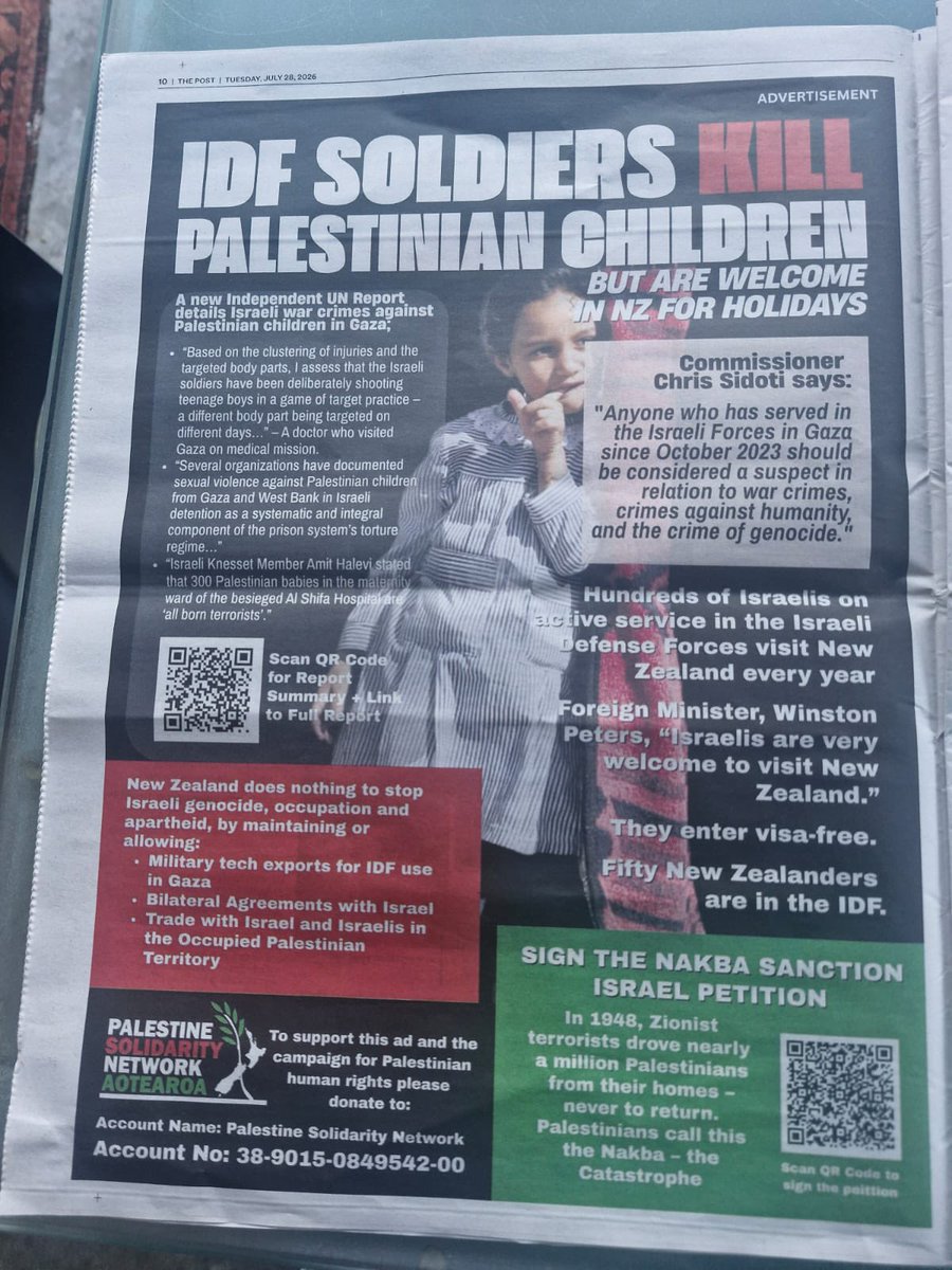 JulietMosesNZ's tweet photo. Well, it looks like the Post is now the official newspaper for Hamas’ local branch, Minto’s Palestine Solidarity Network Aotearoa. 
Stuff, the Post’s owner, made a big performance about how it would have boycotted the Media awards formerly known as the Voyagers, after the Voyager’s owner posted an extract from Mein Kampf, had the sponsor not been dropped, because it was “irreconcilable” with industry values and standards.
But apparently those values and standards don’t extend to refusing money to print Hamas propaganda and foment hatred and intimidation.