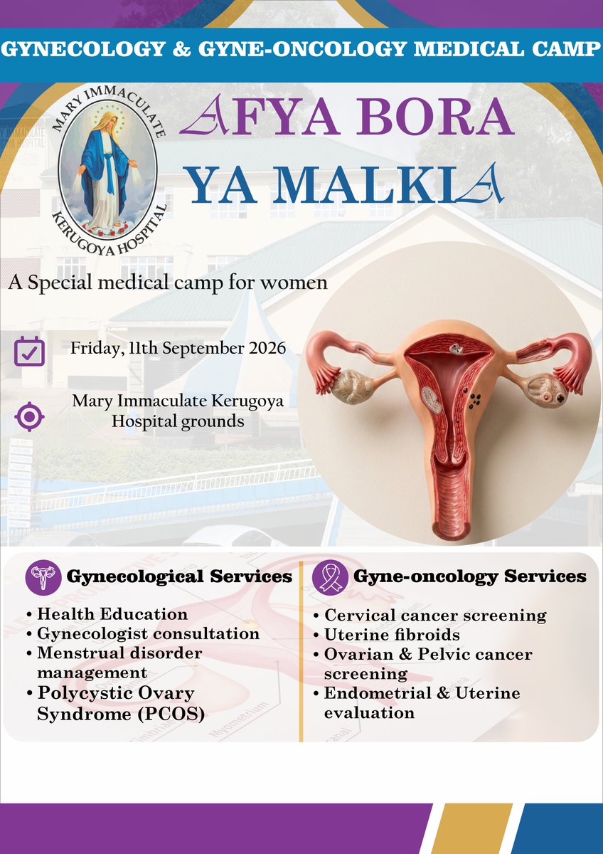 mikerugoya's tweet photo. Afya Bora Ya Malkia! 
Join us on Friday, 11th Sept 2026 at Mary Immaculate Kerugoya Hospital for our Gynecology &amp; Gyne-Oncology Medical Camp.

Get expert care for menstrual health, PCOS, screenings for cervical &amp; pelvic cancers, fibroids, and more.

#WomensHealth #Kerugoya https://t.co/MDYC6J4ZxM