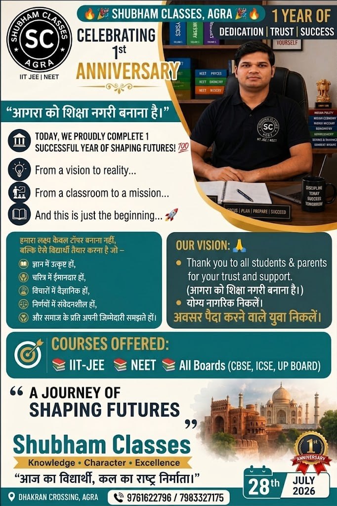 ShubhamClassess's tweet photo. एक शहर तभी बदलता है, जब उसकी शिक्षा बदलती है।
शुभम क्लासेस का संकल्प है—
आगरा को शिक्षा नगरी बनाना है
#आगरा_को_शिक्षा_नगरी_बनाना_है
#ShubhamClasses #Agra #ShikshaNagri #EducationRevolution #QualityEducation #AcademicExcellence #FutureLeaders #IITJEE #NEET #UPBoard #CBSE #ICSE https://t.co/GN2kG08tcv