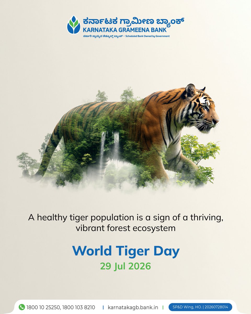 karnatakagbank's tweet photo. Protecting tigers means protecting forests, biodiversity and the balance of nature. Let’s safeguard their habitat for generations to come. 🐅🌿

#WorldTigerDay #SaveTigers #ProtectWildlife https://t.co/ui1hzD9oK3