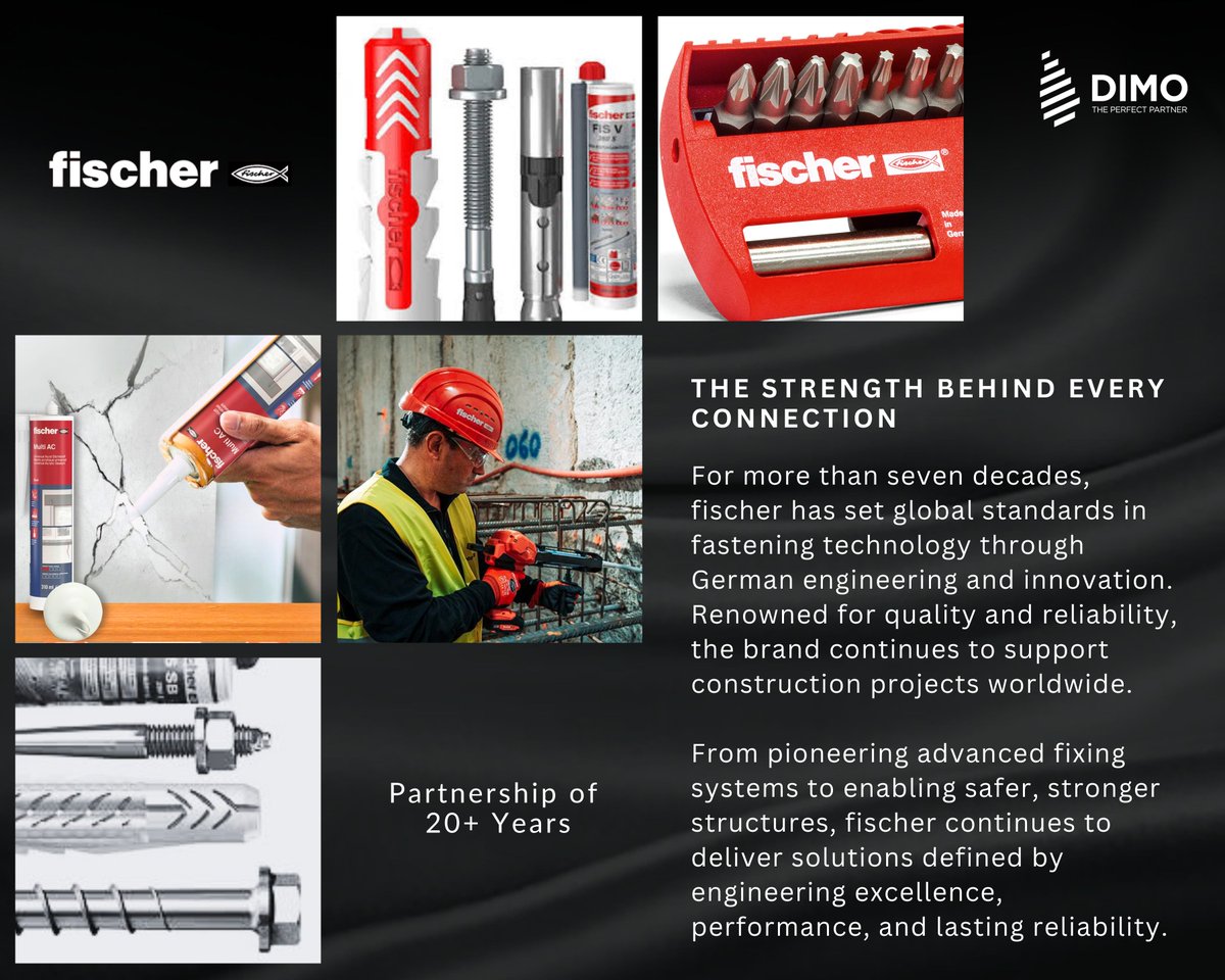 dimosrilanka's tweet photo. For over 20 years, DIMO's strategic collaboration with fischer has delivered globally trusted fastening and fixing solutions to Sri Lanka, combining German engineering, precision, innovation, and reliability.
#DIMO #fischer #StrategicCollaborations #ConstructionSolutions #EngineeringExcellence #FuellingDreamsAndAspirations