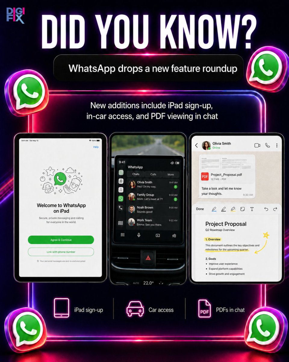 digifixaus's tweet photo. WhatsApp keeps getting better! 💚📲
iPad support, in-car access, and PDF viewing are finally here. 🚗📄
#WhatsAppUpdate #TechNews #SocialMediaUpdates #DigitalMarketing #DigiFix https://t.co/5f9xM7aXrD