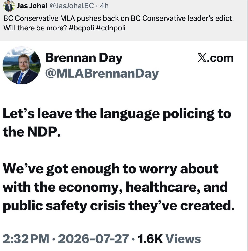 P_Ratchford's tweet photo. Removing MLA Brennan Day and MLA Warbus from the Conservative caucus would be less a purge than basic quality control.

John Rustad brought these Trojan horses into the Conservative Party, and they continue pushing the reconciliation industry agenda. https://t.co/vdCTNC5trg