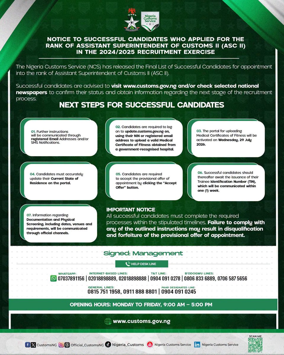MSIngawa's tweet photo. Recruitment Update: 

Next step for Nigeria Customs Recruitment exercise https://t.co/mA7WgH2OWP