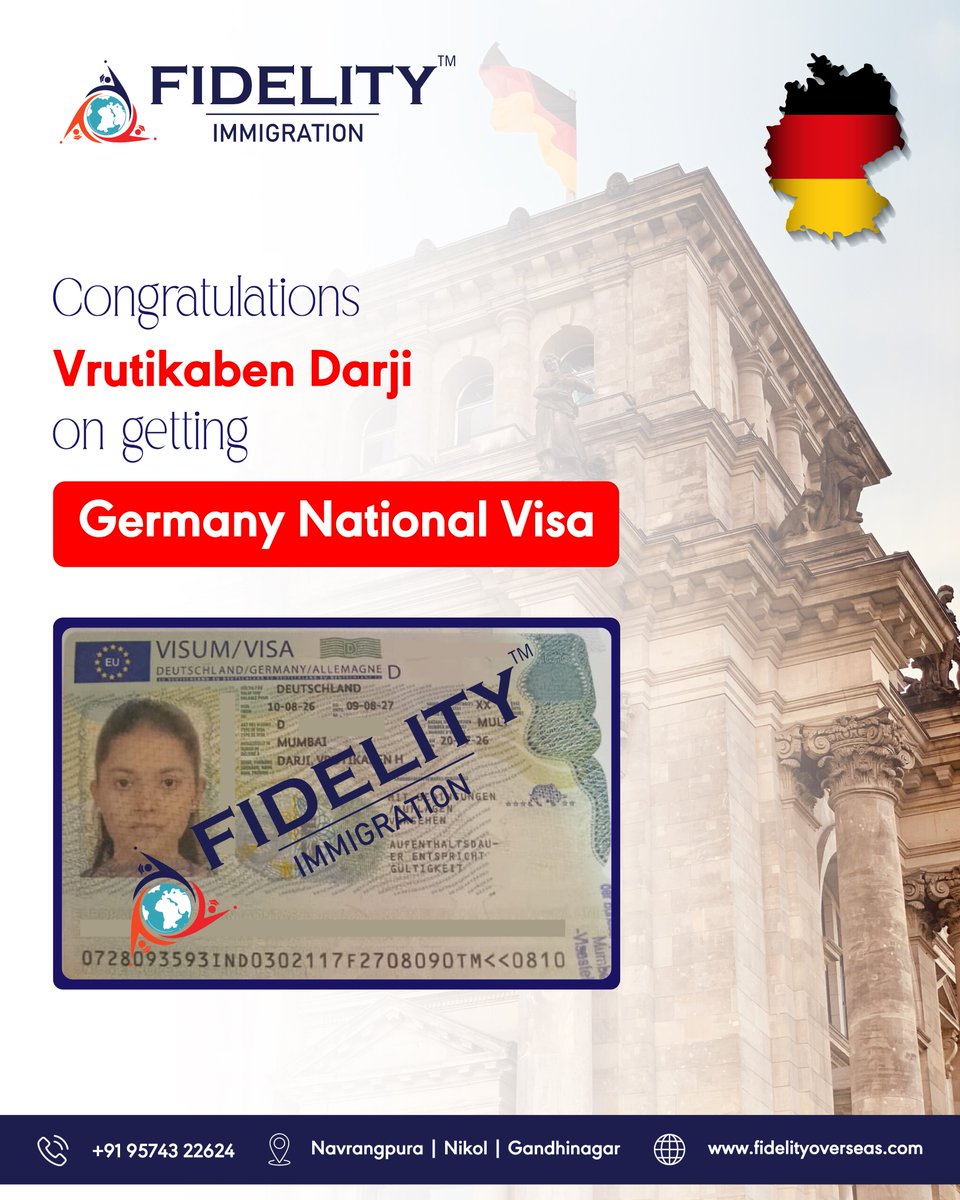 FidelityOverse3's tweet photo. Another Germany Dream Successfully Approved!

Hard work, determination, and the right guidance make all the difference.

A heartfelt congratulations to Vrutikaben Darji on receiving her Germany National Visa! https://t.co/J3wIr2ybLO