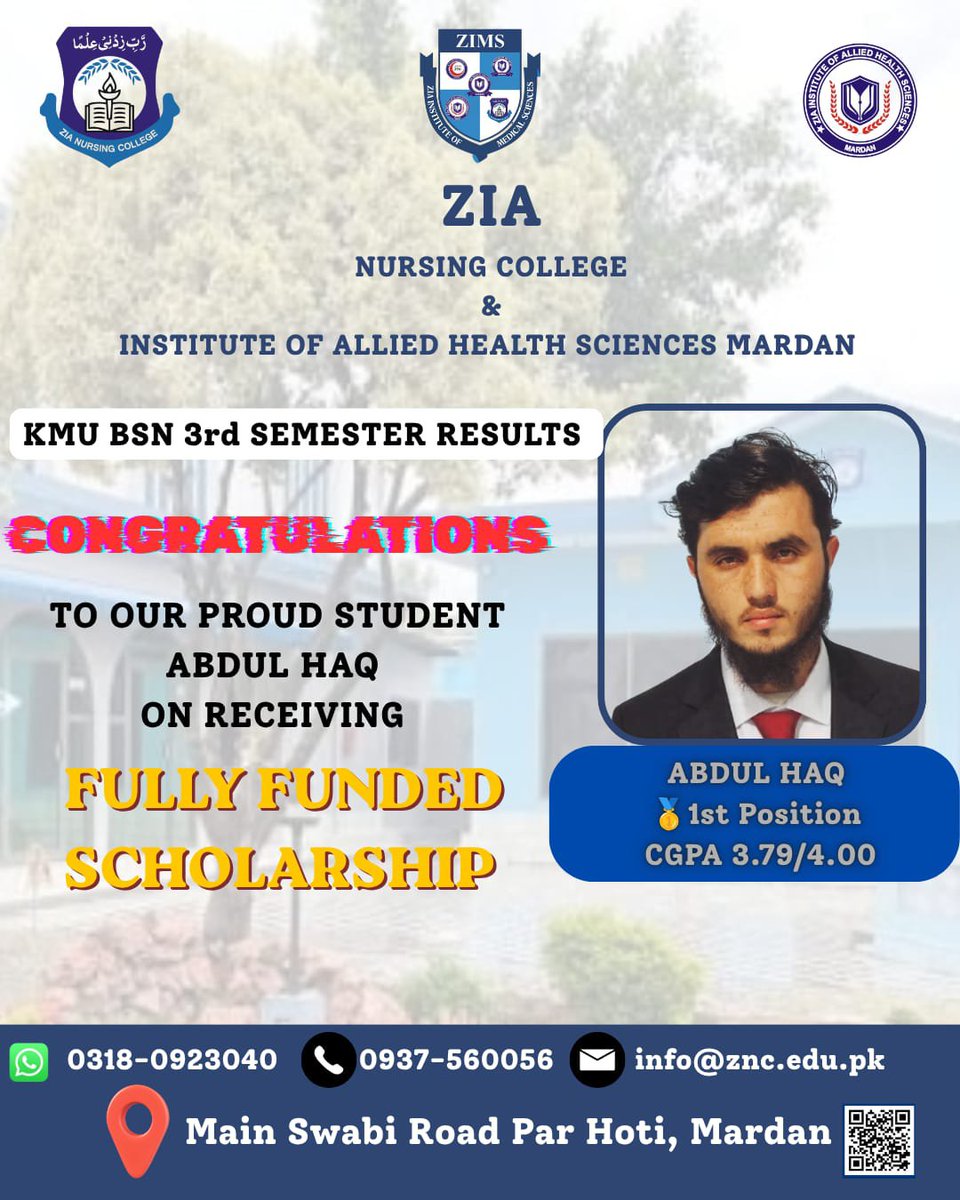 zimsedu's tweet photo. 🎉 Huge congratulations to Abdul Haq for securing 1st Position in the KMU BSN 3rd Semester Results with a CGPA of 3.79/4.00! 🥇✨
In honor of his academic excellence, he has been awarded a Fully Funded Scholarship! 🎓👏
#AcademicExcellence #BSNursing #Mardan #KMU #scholarships https://t.co/cYOqA9Wuso