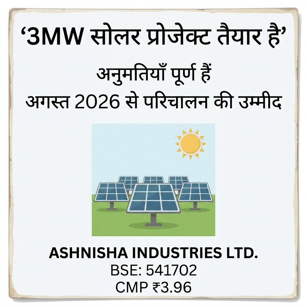 Raadhika01's tweet photo. Ashnisha Industries का green energy vision अब हकीकत बन रहा है। 3MW solar project पूरा हो चुका है। August 2026 से power generation शुरू होगी। CMP ₹3.96. #SolarBullishStock https://t.co/kLCfbS6RV1