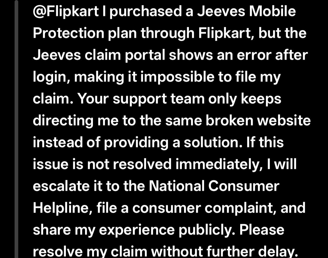 jdsaaho's tweet photo. @Flipkart I purchased a Jeeves Mobile Protection plan through Flipkart, but the Jeeves claim portal shows an error after login, making it impossible to file my claim
#Flipkart #Jeeves #CustomerRights
Worst service flipkart https://t.co/BgW5zHYR5z