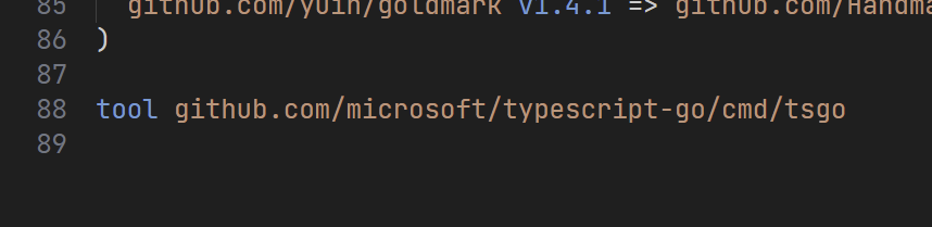 its_bvisness's tweet photo. Now that TypeScript is written in Go, you can just put this in your go.mod, then run `go tool tsgo`, and run TypeScript without ever installing npm. https://t.co/ruHrBWujNq