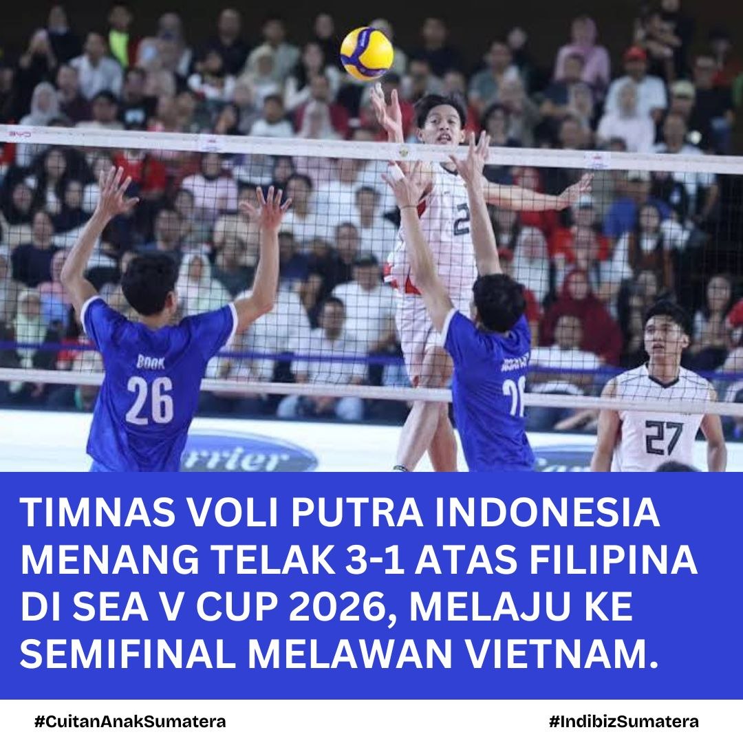 indibiz_sumatra's tweet photo. Timnas Voli Putra Indonesia menunjukkan performa impresif dengan menundukkan Filipina 3-1 pada laga SEA V Cup 2026. Kemenangan telak ini mengantarkan skuad Merah Putih melaju ke babak semifinal, dan  akan berhadapan dengan Vietnam.

#IndibizSumatera #CuitanAnakSumatera #Ambon https://t.co/mNOiQkc4o6