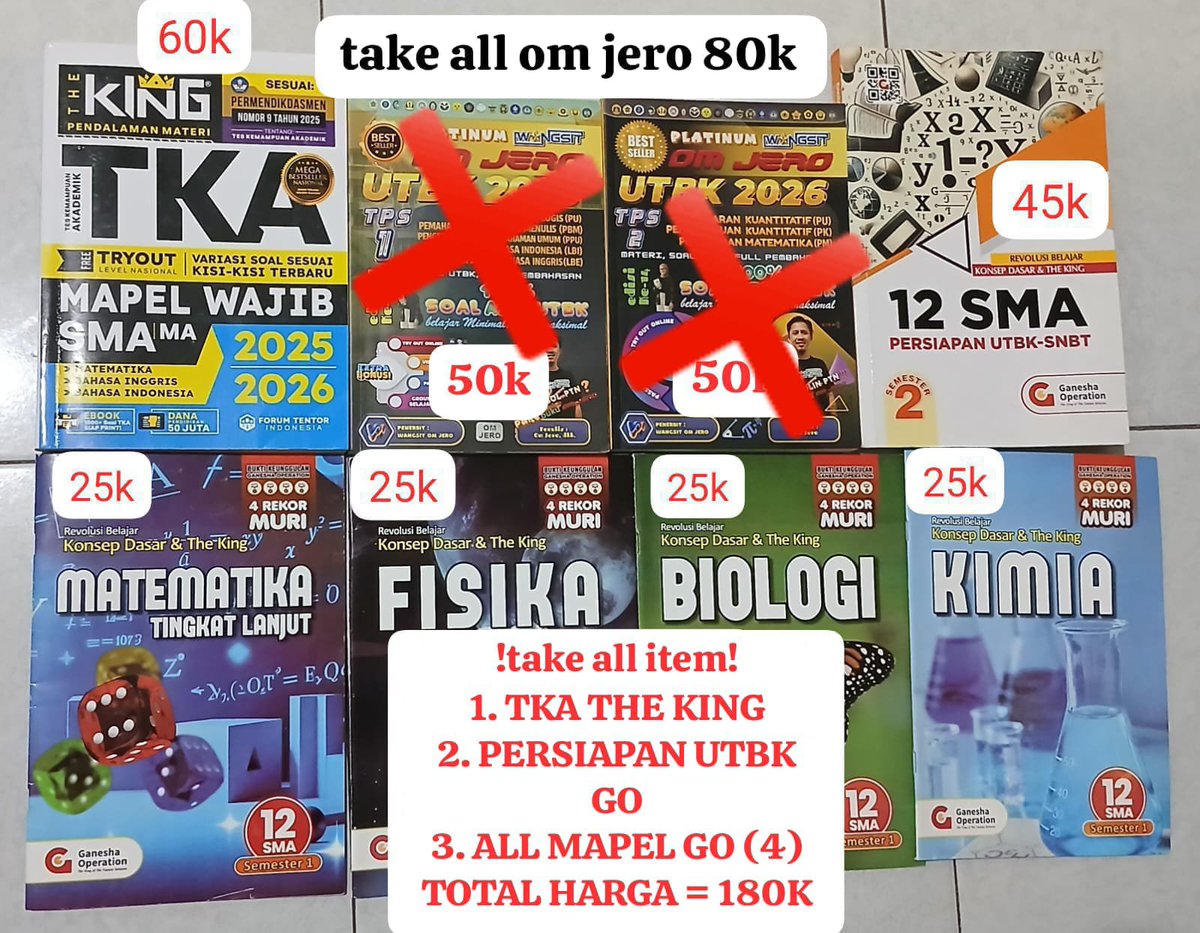 broumnat's tweet photo. #WTS hai #studytwt #pejuangptn aku mau preloved buku" aku kelas 11 &amp; kelas 12 selama bimbel GO, WANGSIT OM JERO 2026, TKA THE KING 2026, INTEN. Buat yg mau bundling bisa dm aku karena bakal lebih murah dari harga asli hmu.
🥳. bisa co di oren!
#pejuangutbk #gapyear #zonapelajar https://t.co/8Z7jP4xuMX