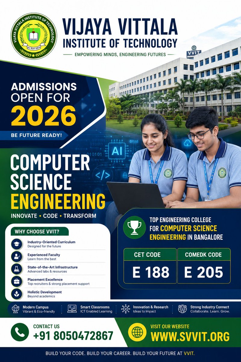 VVITBangalore's tweet photo. VVIT 2026
Admission OPEN 2026
Contact +918050472867
https://t.co/emCt9iKtQL
@vvit Bangalore #educational #vvit #vvitbangalore #bangalore #bangalorenorth #engineeringstudent #bestcollege #bestengineeringcollege #besteducation #bestcampus #topcolleges #topcollegesinindia https://t.co/cQqtEN0OvS