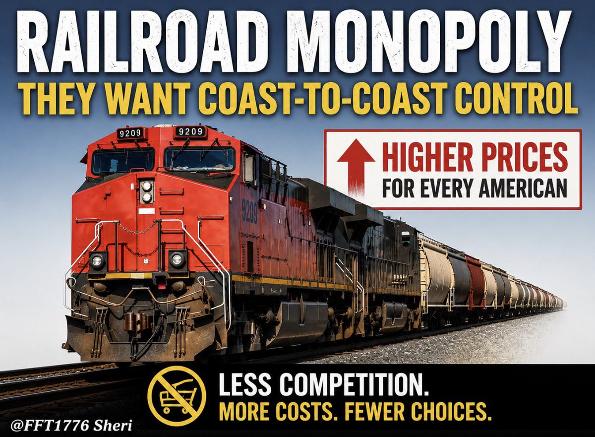 FFT1776's tweet photo. 🔥RAILROAD MONOPOLY🔥

Union Pacific already has the worst derailment rate in the industry, they coached employees to lie to federal inspectors, AND their CEO is reportedly threatening customers who won’t publicly support the merger.

Now they want to swallow Norfolk Southern and control a third of the nation’s grain movements.

Farmers and regular Americans will see higher prices.

STB = Surface Transportation Board better slam the door on this one.