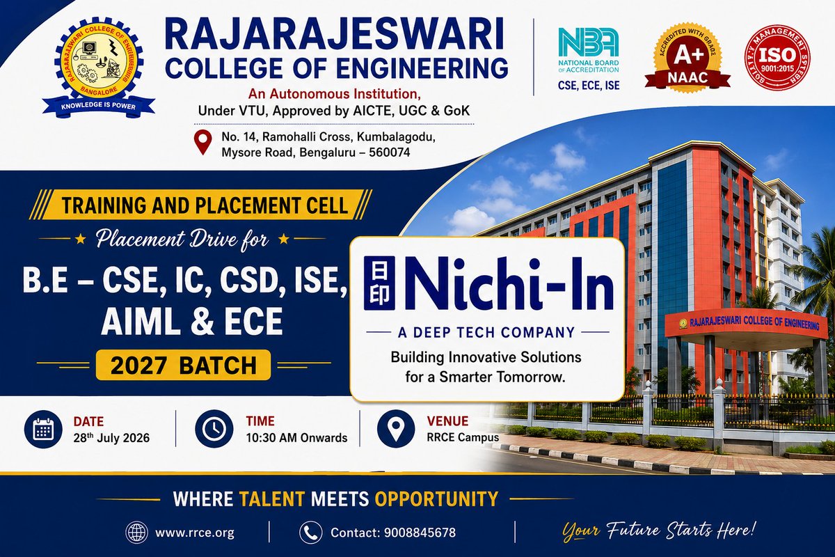 rrceblr's tweet photo. 🚀💼 #PlacementDrive @ #RRCE! The #TrainingAndPlacementCell welcomes #NichiIn for a #CampusPlacementDrive on 28 July 2026. 🎓 An excellent opportunity for #Batch2027 students to launch their careers with a leading deep-tech company. Best wishes to all! 🌟
#RRCE #Nichiln https://t.co/rgHdbPd8Mz