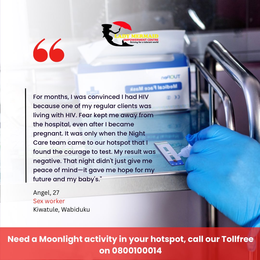 ladymermaidUg's tweet photo. Fear kept her from testing, even during pregnancy. She assumed HIV positive because one of her regular clients was.
When #NightCareByLMEC reached her hotspot, she found the courage to test. Her result was HIV negative.
#donotassume #testearly #knowyourstatus https://t.co/J5FcUTlln2
