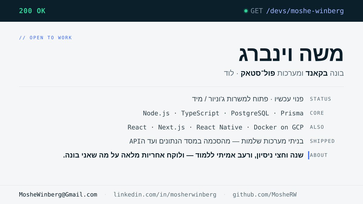 MosheWinberg's tweet photo. אחרי שנה וחצי בתפקיד הראשון שלי — הגיע הזמן לצעד הבא. ועכשיו, עם תאומים טריים בבית, גם קצת יותר דחוף 🙂

מפתח בקאנד / פול־סטאק: Node.js,  TypeScript, React, React-Native, Express, nestJs, Next, PostgreSQL.

יש משהו מתאים? מכירים מישהו? כתבו לי 🙏 ריטוויט שווה זהב. https://t.co/Vvs1lT9LYJ