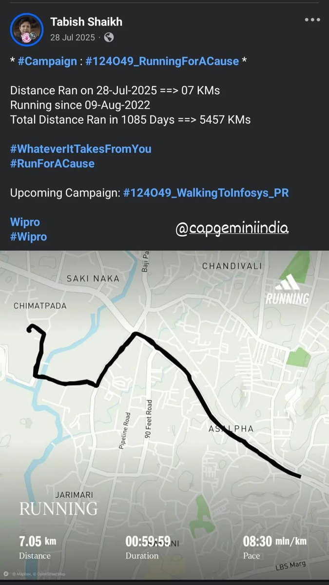 TabishSk21's tweet photo. * #Campaign : #124O49_RunningForACause *

Distance Ran on 28-Jul-2024 ==> 05 KMs
Running since 09-Aug-2022 
Total Distance Ran in 720 Days ==> 3600 KMs

#WhateverItTakesFromYou
#RunForACause

Upcoming Campaign: #124O49_WalkingToInfosys_PR 

@Capgemini 
#Capgemini https://t.co/PBi1ao0ahF